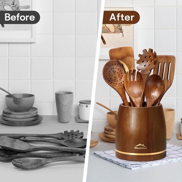 Набір кухонних аксесуарів з дерева (10 шт) з підставкою, лопатки, половники, половники для супу, ложки для салатів, виделки та ложки для салатів, набір кухонних аксесуарів з текового дерева, подарунок для кухарів та дому