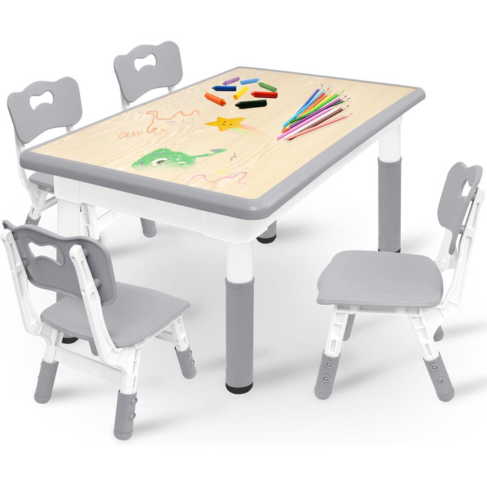 Дитячий стіл зі стільцями, дитяча група меблів, регульована висота, HDPE & ABS, багатофункціональний ігровий стіл для дітей 2-10 років, ергономічний набір столу та стільця для дитячої кімнати (120*60 см, сірий)