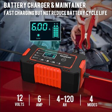 Зарядний пристрій для акумулятора 12V 6A, Smart, автоматичний, з температурною компенсацією, для авто, вантажівок, мотоциклів, газонокосарок, човнів, морських акумуляторів, червоний