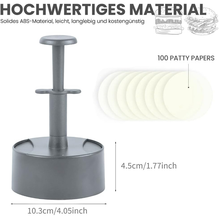 Прес для бургерів Bugucat, прес для гамбургерів, аксесуари для барбекю, можна мити в посудомийній машині, 100 папірців для котлет (сірий)