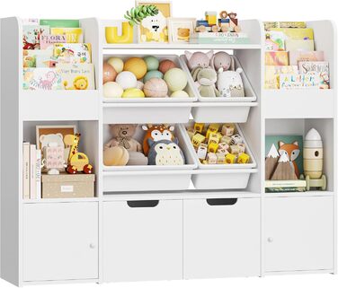 FOREHILL Дитяча полиця для іграшок та книжок, меблі для дитячої кімнати, полиця для дитячої з 2 ящиками на колесах, шафка для дитячих речей з 4 ящиками, 126x30x104 см (Білий/Рожевий)