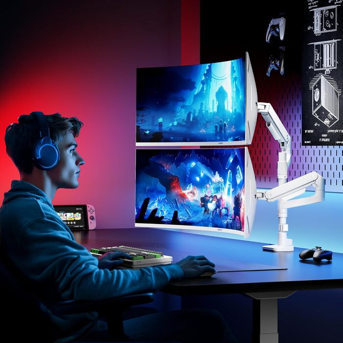 Кріплення для монітора ARES WING для 2 моніторів, 17-49 дюймів, газ-амортизатор, регулювання висоти, поворотний, VESA 75/100 мм, 2-20 кг, білий