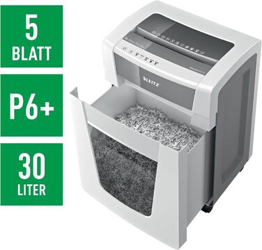 Шредер Leitz IQ Office P5 Mikroschnitt: надійний офісний шредер для безпечного знищення документів, білий, сертифікований TÜV+GS, 2 години роботи, 23L контейнер
