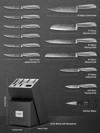Набір ножів FOHERE з бруском для заточування, 14 предметів. Професійний набір кухонних ножів з нержавіючої сталі, ергономічні ручки, ідеальний подарунок