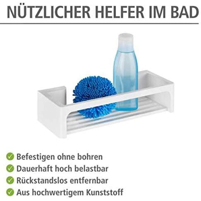 Душова полиця WENKO Power-Loc Bralia, практична душова полиця для ванної кімнати, кріплення без свердління, пластик, 30 х 8,5 х 12 см, (Біла)