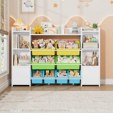 FOREHILL Дитяча полиця з 8 ящиками, дитячий шафа, книжкова полиця для дітей, органайзер для іграшок, меблі для дитячої кімнати, 138,8 x 94,3 x 29,6 см, білий (білий з зеленим)