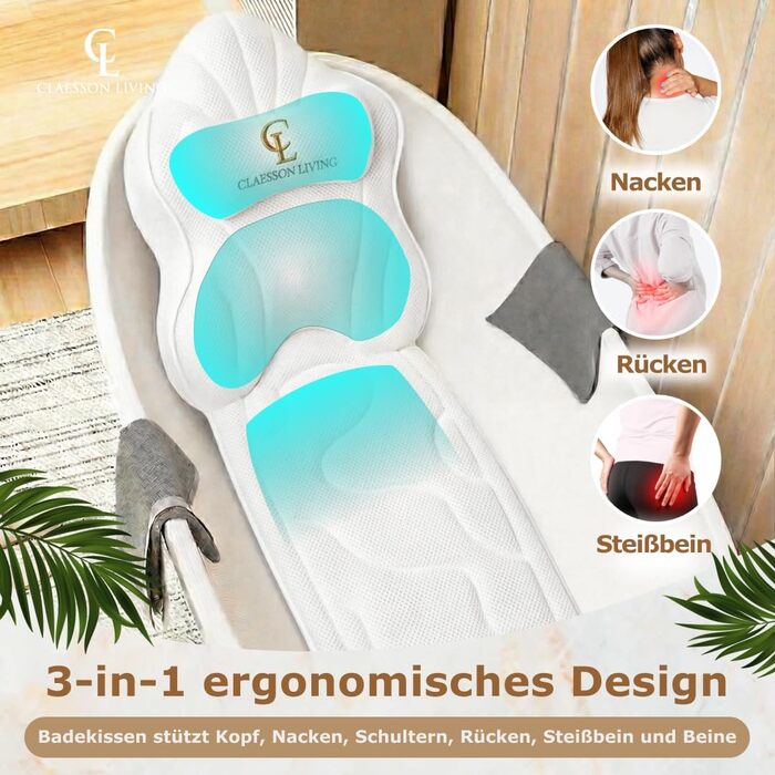 Подушка для ванни повномірна (126x41 см) з підголовником (13 см) для підтримки шиї, спини та ніг - біла, тепла біла