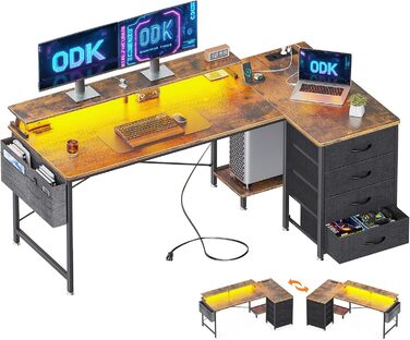 Письмовий стіл ODK з 4 висувними ящиками з тканини, 160x80 см, L-подібний, з 2 розетками та 2 USB-портами, для геймінгу та офісу, з підставкою для монітора, коричневий