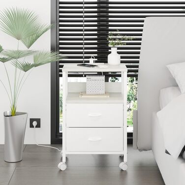 Нічний столик з ящиками та зарядкою, 2 розетки AC та 2 USB, з роликами, білий