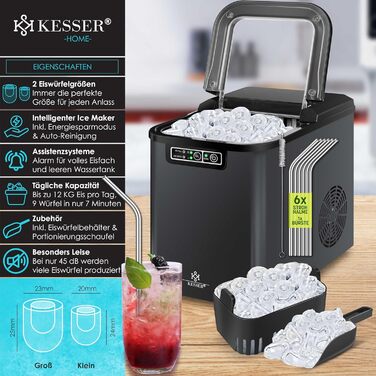 Машина для приготування льоду KESSER® з нержавіючої сталі, 12 кг/24 год, швидка підготовка (7 хв), 2.2 л бак, 2 розміри кубиків льоду, LED-дисплей, самоочищення, аксесуари, антрацит