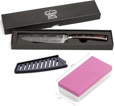 Ніж Santoku ZEUß Damast (24 см) - професійний кухонний ніж з дамаської сталі 67 шарів, з точильним каменем, дерев'яною ручкою та захистом леза, подарункова коробка