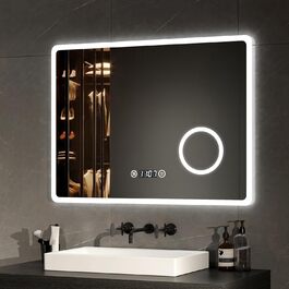LED дзеркало для ванної кімнати EMKE 90x70 см з підсвічуванням, годинником та захистом від запотівання, IP44