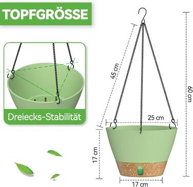 Пластиковий підвісний горщик для квітів ZMTECH 25 см з підставкою (2 шт., зелений)