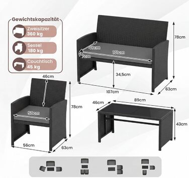 Садовий набір меблів COSTWAY з ротангу для балкона та тераси: диван, 2 крісла, стіл, подушки (сірий + чорний)