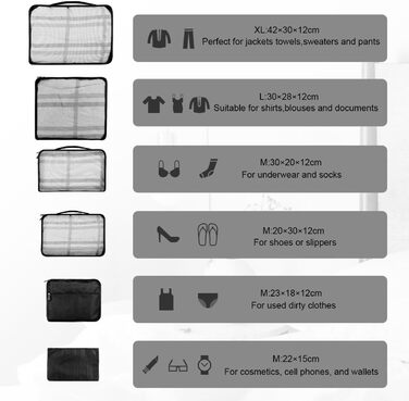 Набір органайзерів для валізи та подорожей, водонепроникні пакувальні куби для одягу, 12 шт, чорні