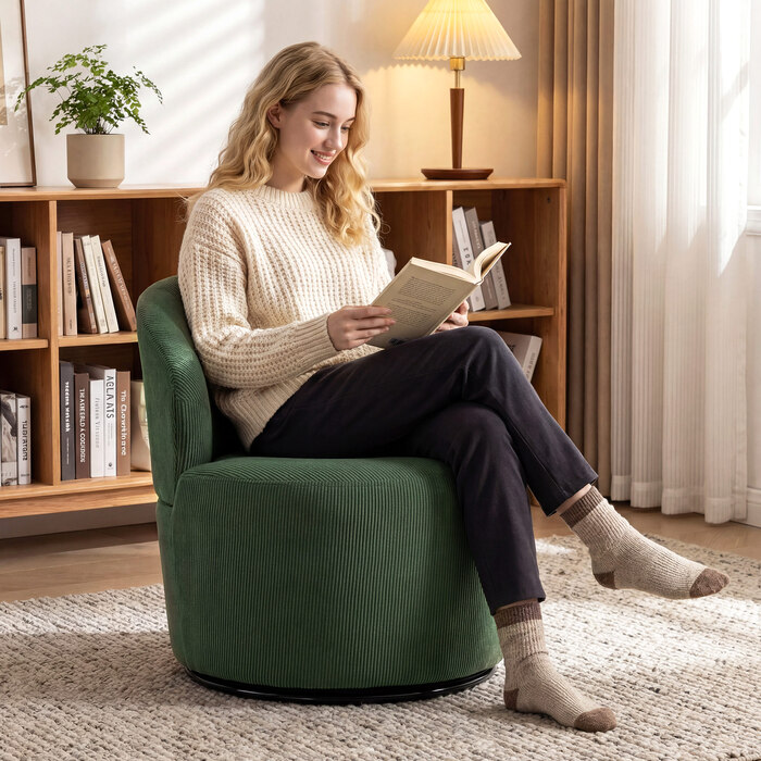 Крісло Акцентне, поворотне на 360 градусів, сучасне крісло з круглим підставою, для вітальні та спальні, зелене