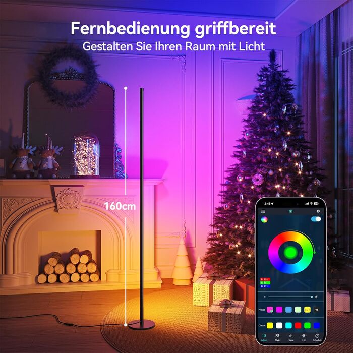 LED торшер для вітальні 160 см RGB кутовий, димується, з пультом та додатком, музичні режими, DIY, таймер - для спальні, геймінгу