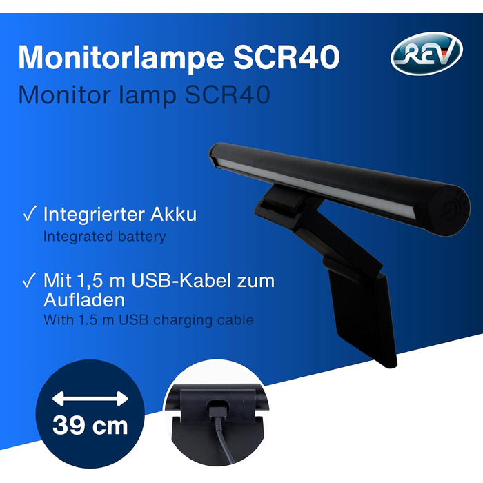USB лампа REV Monitor з акумулятором, 49 см, кріпленням, 130 лм, 3 кольори, чорна