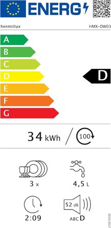 Компактна посудомийна машина Hermitlux Mini на 5 комплектів посуду (5л бак), портативна посудомийна машина з 6 програмами та 360° розпилювачами | З функцією сушіння гарячим повітрям | Клас енергоефективності D | Без встановлення, скляні дверцята