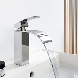 Водоспад для змішувача для ванної Meykoers, змішувач для умивальника для ванної кімнати, економія води у ванній кімнаті, хромований одноважільний змішувач для умивальника з холодною та гарячою водою (вигнутий стиль)