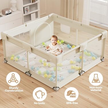 Ляльковий будиночок для малюків з матрацом, бежевий 120x120 см. Безпечний ляльковий будиночок для дитячої кімнати з дихаючим сіткою та фіксаторами.