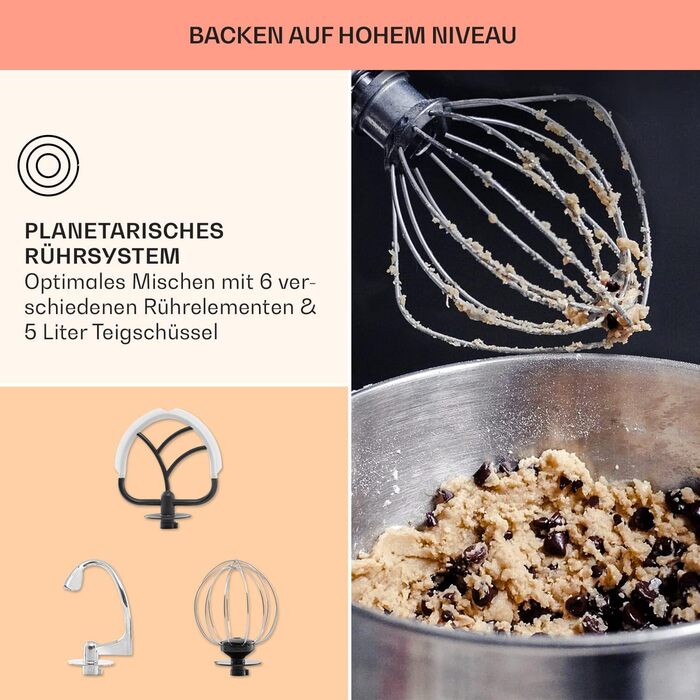 Міксер Klarstein Knetmaschine: потужний кухонний міксер для випічки, 1300W, 6 швидкостей, 5л чаша, планетарний міксер, для тіста та випічки