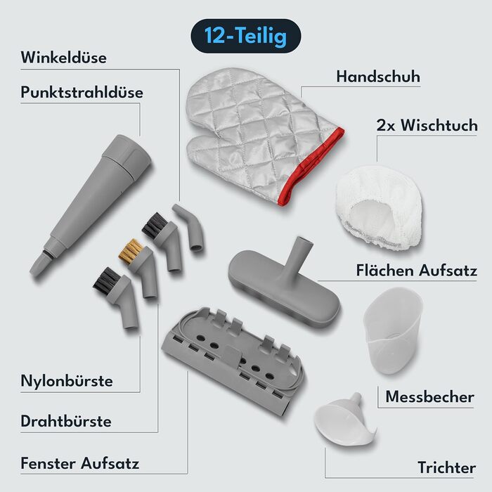 Електричний пароочисник LEBENLANG - 3,5 Bar, 1000W, 12 аксесуарів | Для дому, ванної кімнати, авто та вікон