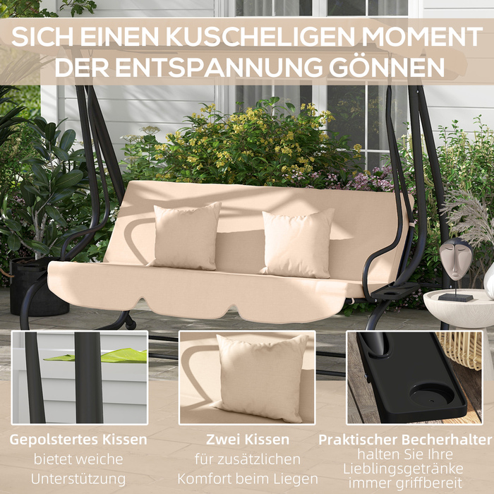 Садова гойдалка-крісло, 3 місця, у стилі Голлівуд, з підстаканниками, сталевий каркас, 200 x 120 x 164 см, коричнева