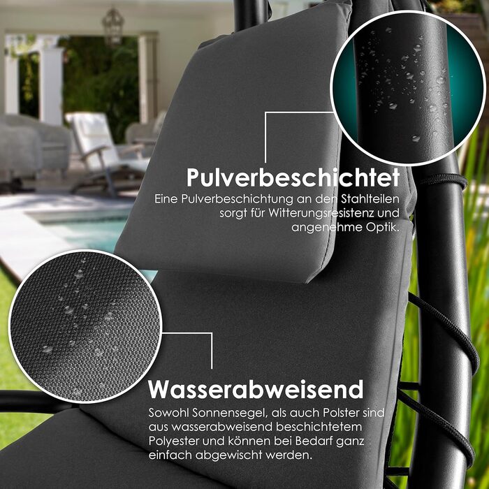 Кесер® Плетене крісло-гойдалка з сонцезахисним козирком, 194x100 см, до 120 кг, з подушкою для шиї та сумкою, антрацит