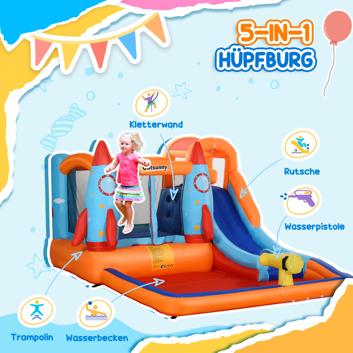 Надувний замок-повітряна гірка Outsunny для 4 дітей, з насосом, ігровий будиночок для дітей віком 3-8 років, з ракетним дизайном, поліестер | Aosom