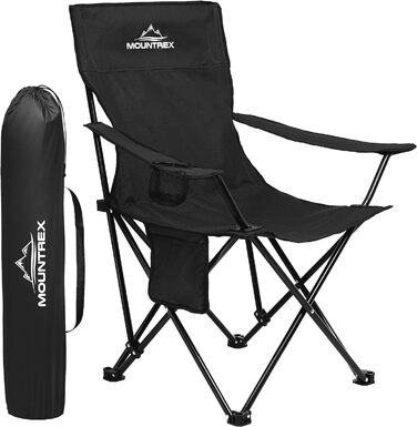 Крісло для кемпінгу MOUNTREX складне (до 120 кг) - Розкладне крісло з регульованим підлокітником - Крісло для риболовлі, Пляжне крісло - Складне, компактне та легке - Крісло для кемпінгу з підстаканником і сумкою чорне