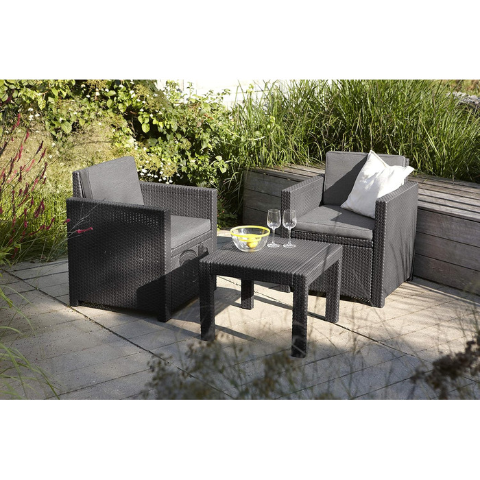 Набір меблів для балкона Allibert Victoria, графіт/cool grey, 3 шт., з подушками для сидіння та спинки, пластик, імітація ротангу, графіт/сірий