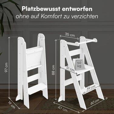 Bellabino Tay – Навчальний столик-лесенка для дітей від 1 року, білий, регульований, з захистом від перекидання, Монтессорі, з берези