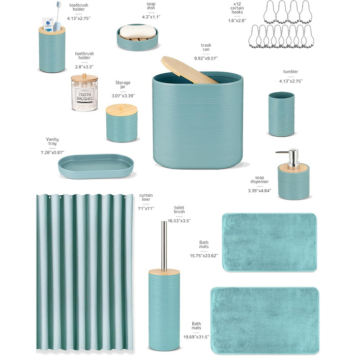 Набір аксесуарів для ванної кімнати IMAVO, 9 предметів: сміттєвий бак, дозатор мила, мильниця, тримач для зубних щіток, стакан для зубних щіток, тримач для унітазного йоржика, диспенсер для ватних паличок (Блакитний, 26 предметів + шторка для душу з факту