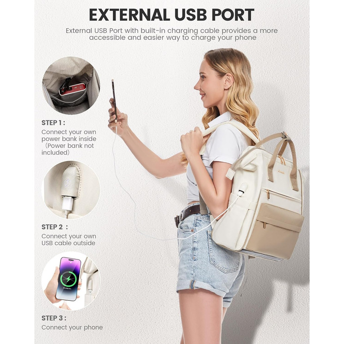 Сумка-рюкзак LOVEVOOK для жінок, 15.6 дюймів, для ноутбука, подорожей, роботи, школи, універу, офісу, водонепроникна, елегантна, бежева