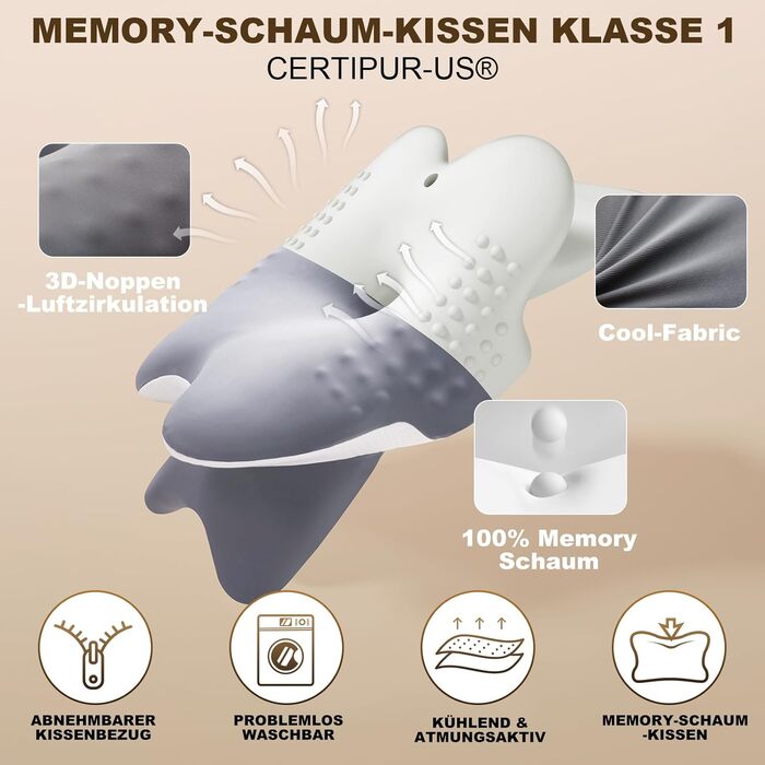 Ортопедична подушка для шиї з Memory Foam, сертифікат Oeko-Tex® | Підходить для сну на боці, спині та животі | Подушка для шиї для алергіків, сірого кольору (1 шт)
