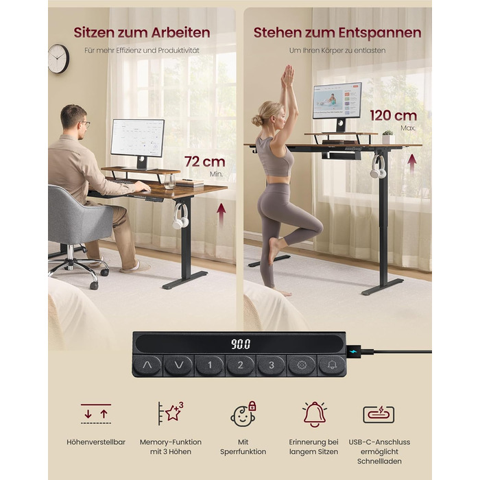 Стол для роботи VASAGLE з регулюванням висоти, 160 x 80 см, з підставкою для монітора, шухлядою та USB-C, нагадування про рух, для офісу, вінтажний коричневий