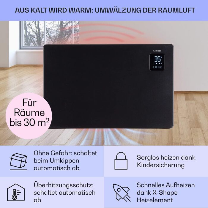 Електричний конвектор Klarstein: енергозбереження, керування через додаток, тиха робота, 1500 Вт, чорний