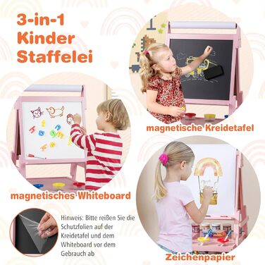 Дитяча мольберт DREAMADE 3 в 1: магнітна дошка, крейдяна дошка, рулон паперу, фарби та аксесуари. Для дітей від 3 років (білий/рожевий)