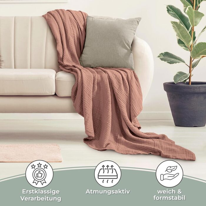 Плед LAYNENBURG Premium з мусліну, 100% бавовна, 150x200 см, мокко | Легка літня ковдра, плед для дивана, тепла софа-ковдра