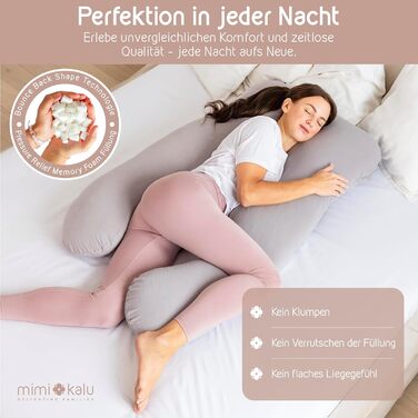 Подушка для сну на боці Mimi Kalu® Original з Memory Foam, 130 x 70 см, платиново-сіра | Подушка для вагітних, подушка для годування, м'яка подушка | З чохлом з 100% Soft-Cotton та маскою для сну