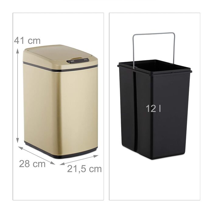 Відро для сміття 12 л, квадратне відро для сміття з кришкою та внутрішнім контейнером, для кухні та ванної кімнати, автоматичне відро для сміття, (золото)