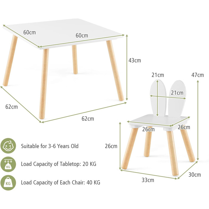 Дитячий стіл LIFEZEAL з 2 стільцями, спинка для вух кролика, дитячі меблі з дерева, білий