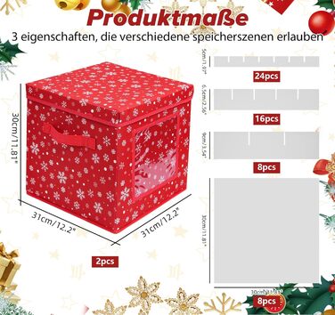 Коробка для зберігання новорічних прикрас з 166 відділеннями, 31x31x30 см, червона, з сніжинками