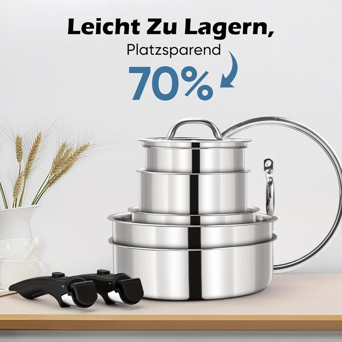 Набір каструль Joyfair, 9 предметів, з нержавіючої сталі, знімний ручка, для індукційних плит, сумісний з усіма типами плит, можна використовувати в духовці та мити в посудомийній машині
