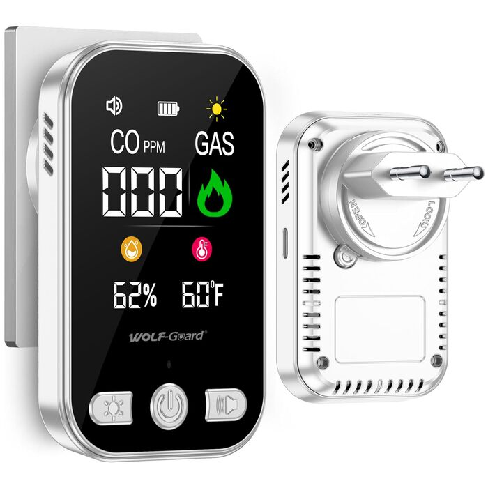 Газовий та CO-детексор 4-в-1 з розеткою для дому, HD12 Білий. Виявлення CO, газу (природний газ, LPG, метан, пропан, бутан)