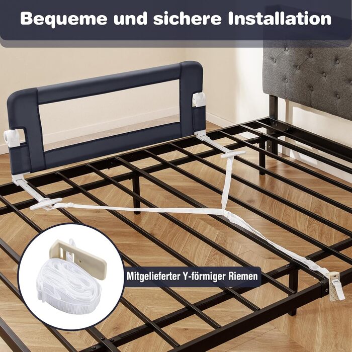 Бортик для ліжка COSTWAY складаний, захисний бар'єр для дитячого ліжка та ліжка для батьків (105x42 см, темно-сірий) з регульованими ременями та швидким складанням