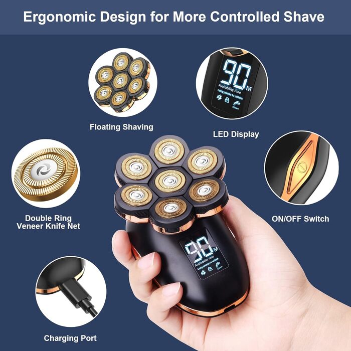 Електробритва Bald Shaver Men 7D, CHLANT 5 в 1 Електрична бритва USB, Волога/Суха, LED дисплей, HM1688