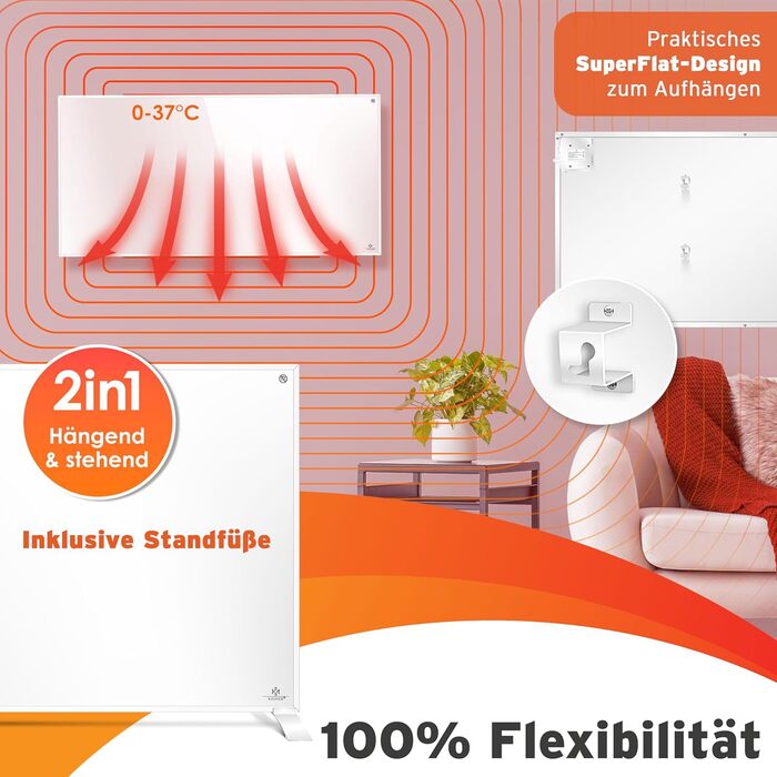 Інфрачервовий обігрівач KESSER® 700W: енергозберігаючий, з пультом та термостатом, настінний/підлоговий, білий