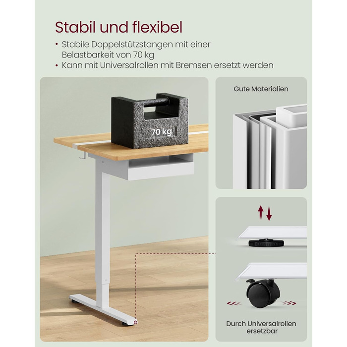 Електричний регульований стіл VASAGLE з пам'яттю висоти, з розетками та ящиком для зберігання, хмаринно-білий + золотий дуб, LSD112W01